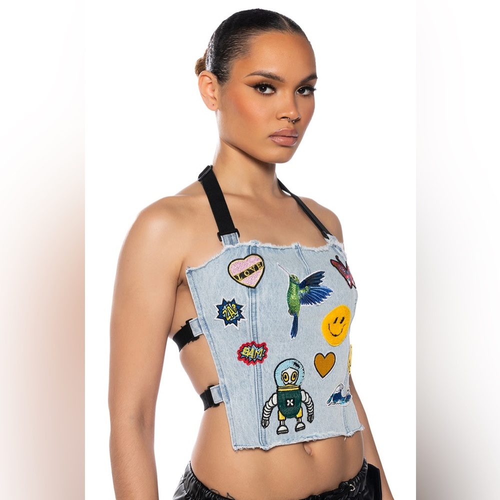 AKIRA Denim Patchwork Crop Top
